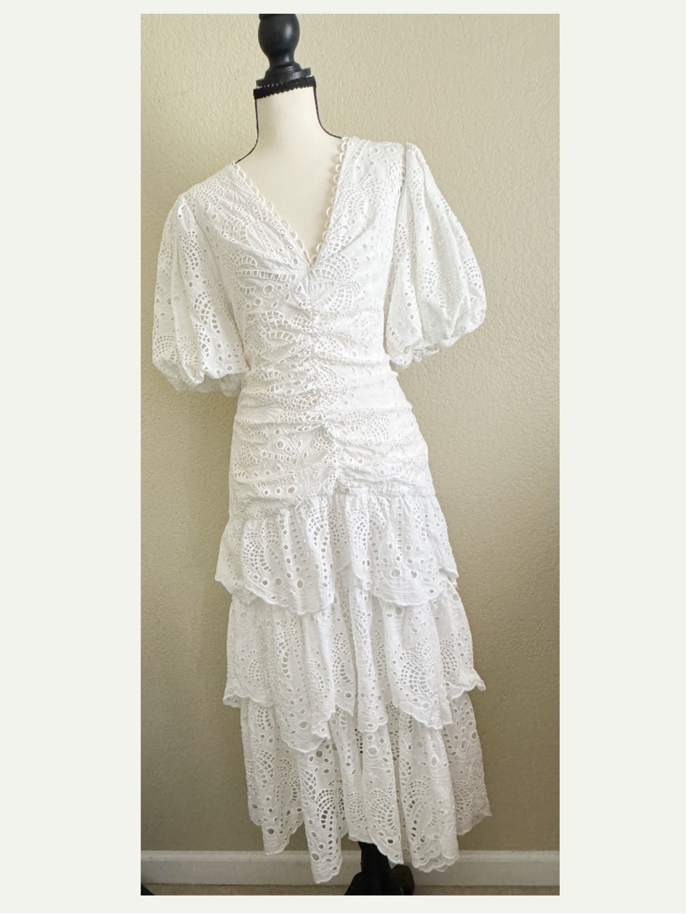 Farm Rio White Eyelet Tiered Midi Dress with Puff Sleeves Large - Picture 5 of 11